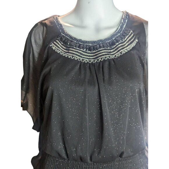 BCX Black Sparkle Beaded Neckline Dress With Flutter Sleeves SZ L Cocktail/Party - Picture 2 of 12
